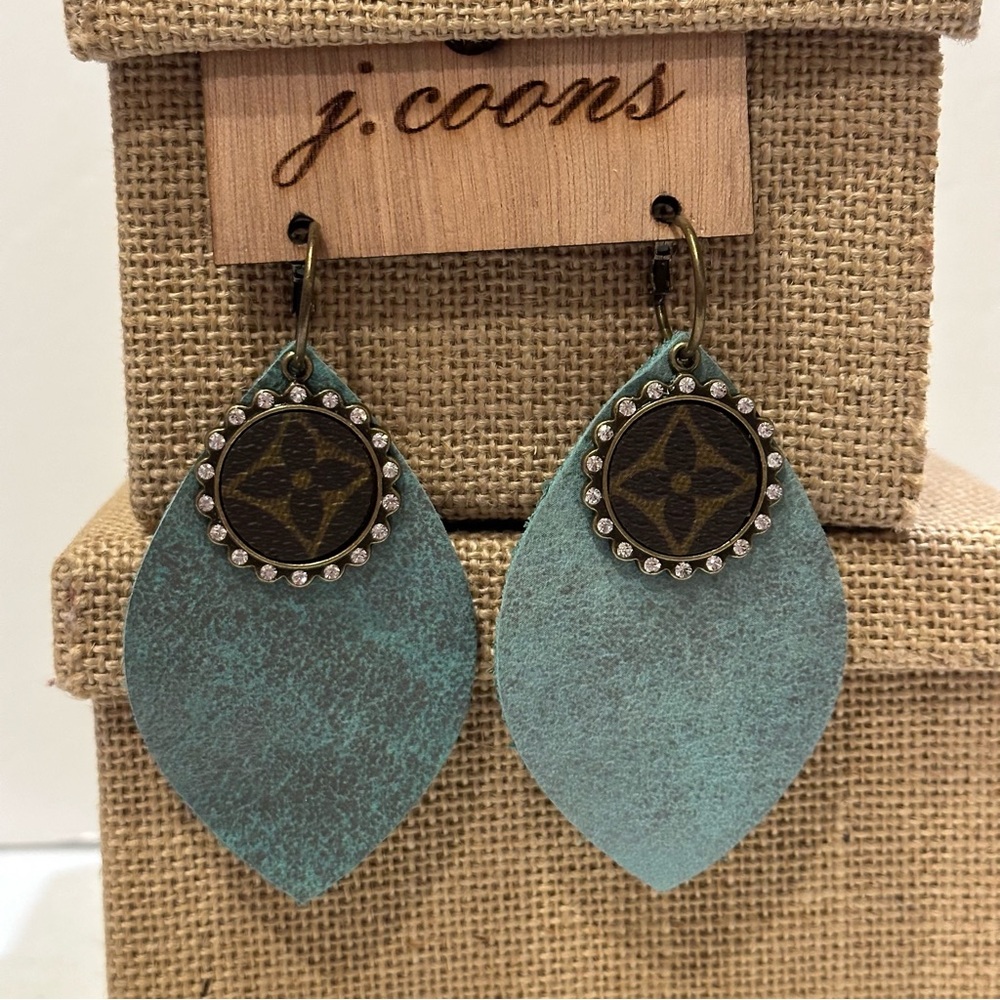 NWT J. Coons Artisan made Earrings. Teal Leather w/ designer purse leather charm